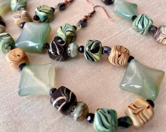 Pale Green, Sand & Black Necklace and Earrings Set - soft green, copper toggle clasp