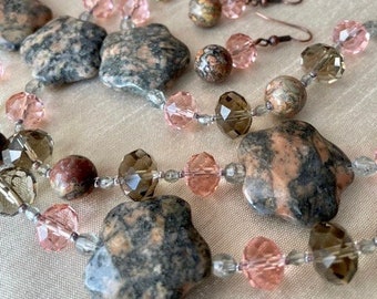 Pink Stone Flowers long Necklace and Earrings Set - grey, peach undertones