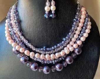 Purple, lavender and pink pearly statement necklace and earrings set - ADJUSTABLE, 6 strands, pastel, faux pearls