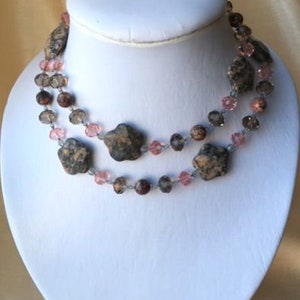 Pink Stone Flowers long Necklace and Earrings Set grey, peach undertones image 3