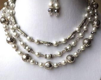 3 Stackable necklaces and earrings set, Pearls and roses - white faux pearls, grey crystal, silver colour metal roses