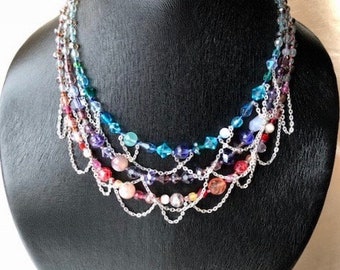 Three tones and three strands with silver color chain necklace and earrings set - ADJUSTABLE, blue, red, purple, pink