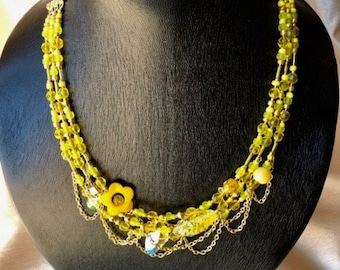 Yellow and gold necklace and earrings set with chain, triple strand - ADJUSTABLE