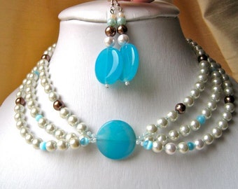 Sky blue & White Necklace and Earrings Set - White pearls, pale blue agate, brown accents, adjustable, dangling, round, circle