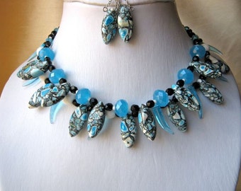 Sky Blue & White Necklace and Earrings Set - ADJUSTABLE, black, pale blue