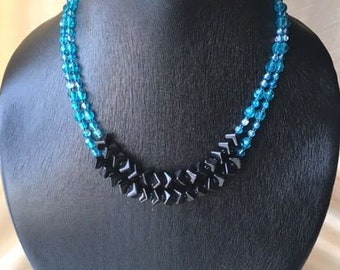 Delicate black geometric and peacock blue necklace & earrings set - silver colour clasp, sky blue