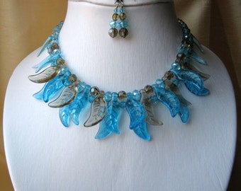 Blue Azur & Grey Bib Necklace and Earrings set - turquoise blue, sky blue, adjustable