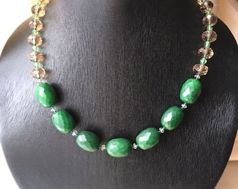 Dark Green and champagne retro necklace & earrings set - forrest green stone, water melon, crystal