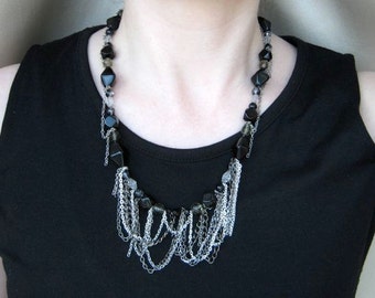 Black, grey and silver tone chain necklace & earrings set - aged silver, gun metal, statement necklace