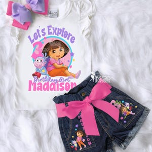 Dora Birthday Party Outfit, Dora and Boots Party Denim Outfit Girls, Dora Birthday Party Tee Shirt Ideas,  Custom Denim Shorts Set for Girls