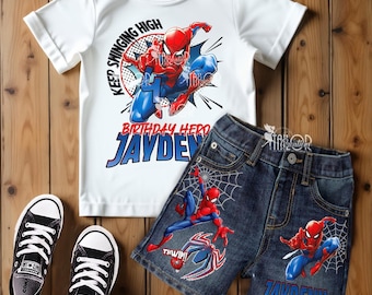 Spiderman denim verjaardagsfeestje outfit-Spiderman shorts set verjaardag outfit voor peuter jongens-Disney superheld Marvel verjaardag T-shirt