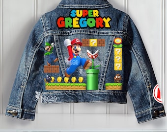 Chaqueta personalizada con nombre de Super Mario - Chaqueta personalizada de Super Mario para bebés/niños pequeños/niños - Chaqueta vaquera de cumpleaños para niño - Regalo de cumpleaños de Super Mario