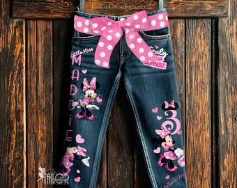 Pantalon prénom en jean Minnie Mouse, tenue de t-shirt de fête d'anniversaire Minnie, pantalon Disney pour enfant/bébé/enfant en bas âge, idées cadeau d'anniversaire Minnie Mouse