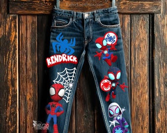 Spidey Amazing Friends Denim Jeans Pants - Spidey Superhero Gift - Spidey Birthday Party Tee Shirt Denim Outfit - Disney Custom Name Pants