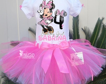 Conjunto de tutú rosa de Minnie Mouse - Ideas para fiestas de cumpleaños de Minnie - Conjunto personalizado de camiseta y falda de Minnie Mouse - Conjunto personalizado de tutú y chaqueta vaquera