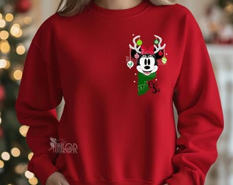 Sudadera retro de cuello redondo con monograma de Minnie de Disney - Regalo de suéter navideño de Disney - Sudadera navideña a juego de Disney Magic Kingdom y Disneyland