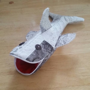 Quilted Gray Shark Pencil Case with zipper Shark Cosmetic Bag, Shark Pencil Pouch, Shark Bag, Pencil Pouch, Adult Pencil Case image 2