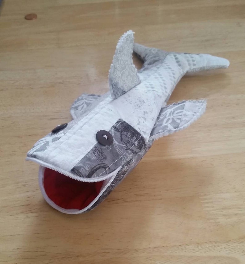 Quilted Gray Shark Pencil Case with zipper Shark Cosmetic Bag, Shark Pencil Pouch, Shark Bag, Pencil Pouch, Adult Pencil Case image 2