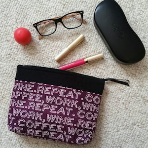Coffee Work Wine Repeat Cosmetic bag- machine washable- Travel bag, Makeup bag, makeup pouch, cosmetic pouch, travel pouch, toiletry bag