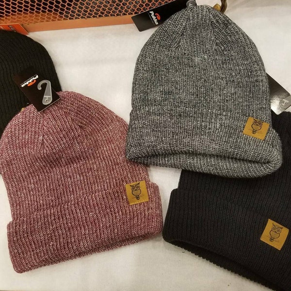 Indie Owl Collective logo knit beanie by Pukka. Soft Beanie, winter hat, multiple colors available. Wear folded or unfolded.