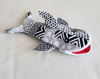 Quilted Black/White Shark Pencil Case w/ Zipper- Shark Cosmetic Bag, Shark Pencil Pouch, Zipper Pencil Case, Pencil Pouch, Adult Pencil Case