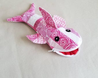 Quilted Pink Shark Pencil Case with Zipper- Shark Cosmetic Bag, Shark Pencil Pouch, Zipper Pencil Case, Pencil Pouch, kid zipper case, gifts