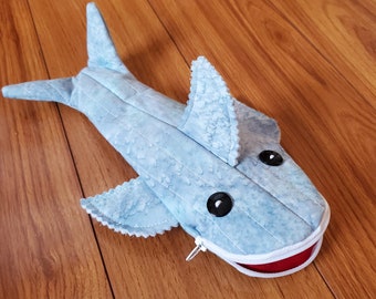 Handmade Blue Shark Pencil Case with Zipper- Shark Cosmetic bag, Shark Pencil Pouch, Zipper Pencil Case, School supplies, Adult Pencil Case