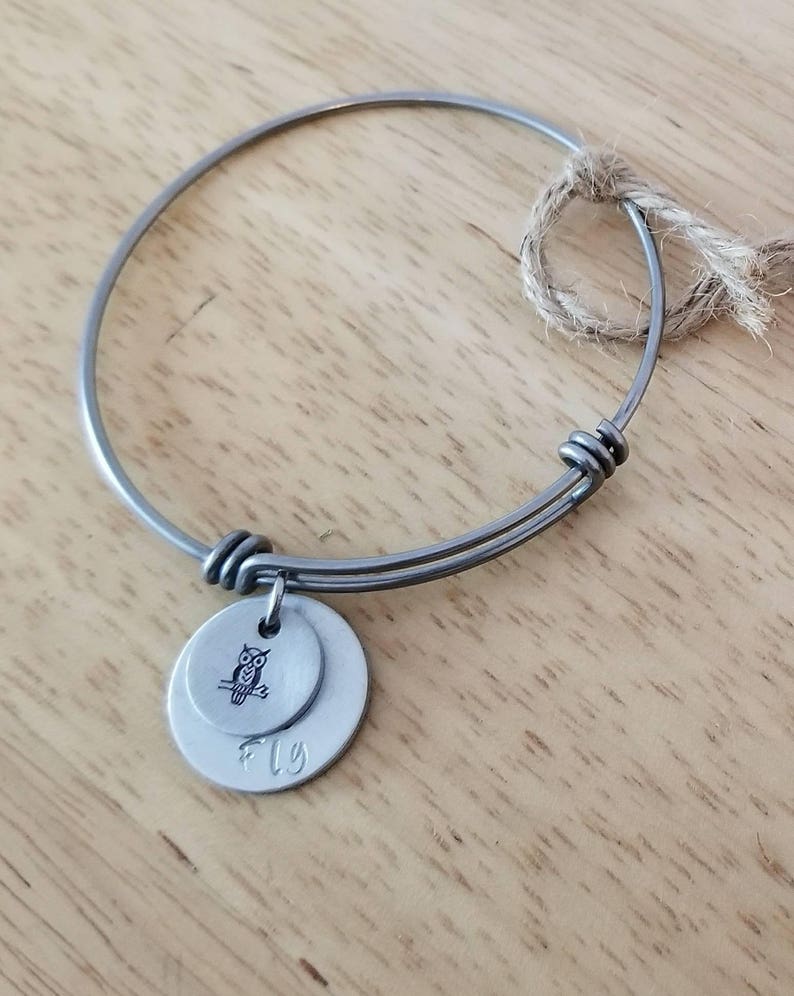 Owl Hand stamped charm bracelet with Be Wise Be Fly pendant & Story Tag, owl gifts, owl bracelet, owl charm bracelet, handstamped jewelry image 6