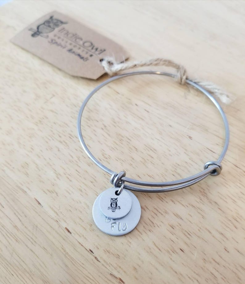 Owl Hand stamped charm bracelet with Be Wise Be Fly pendant & Story Tag, owl gifts, owl bracelet, owl charm bracelet, handstamped jewelry image 1