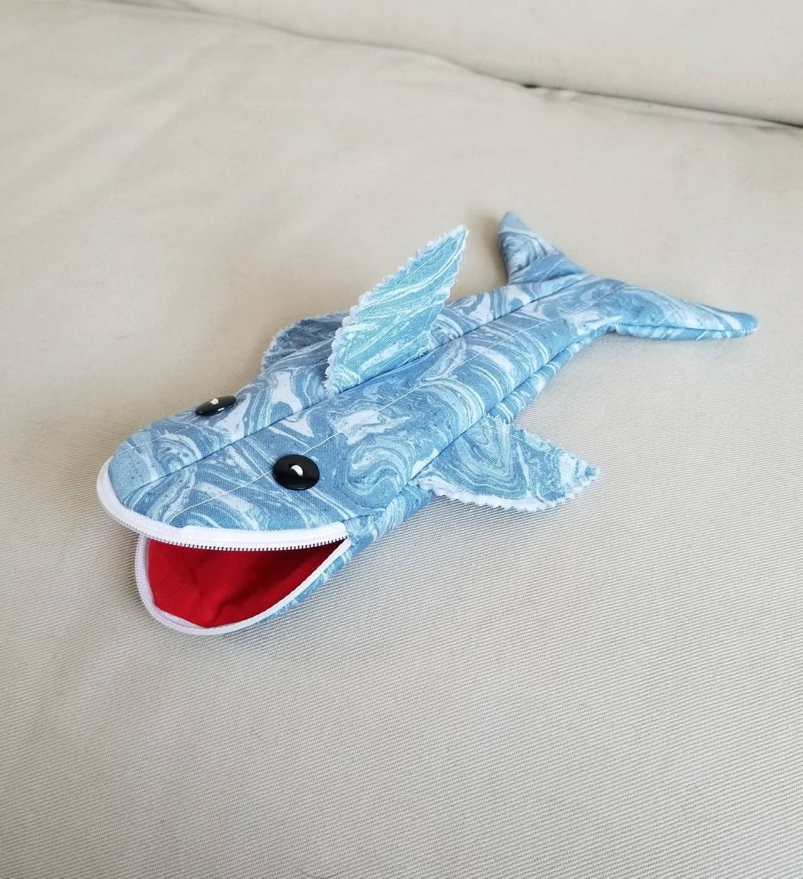 Handmade Blue Shark Pencil Case With Zipper Shark Cosmetic Etsy