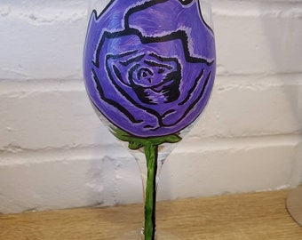 Rose Wine Glass- hand painted wine glass, rose wine glasses, rose glass, Purple rose wine glass