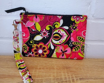 Handmade black/ pink Paisley Wristlet Wallet- Fabric Wristlet Purse, Wallet with Wrist Strap, Phone wristlet, clutch, Quilted Fabric Wallet