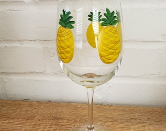 Pineapple Wine glass - hand painted wine glass, pineapples Wine Glass, pineapple Glass, painted pineapples, painted wine glasses