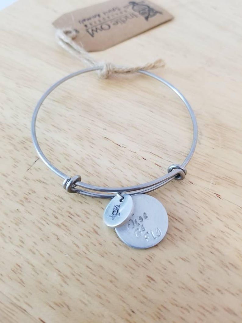 Owl Hand stamped charm bracelet with Be Wise Be Fly pendant & Story Tag, owl gifts, owl bracelet, owl charm bracelet, handstamped jewelry image 2