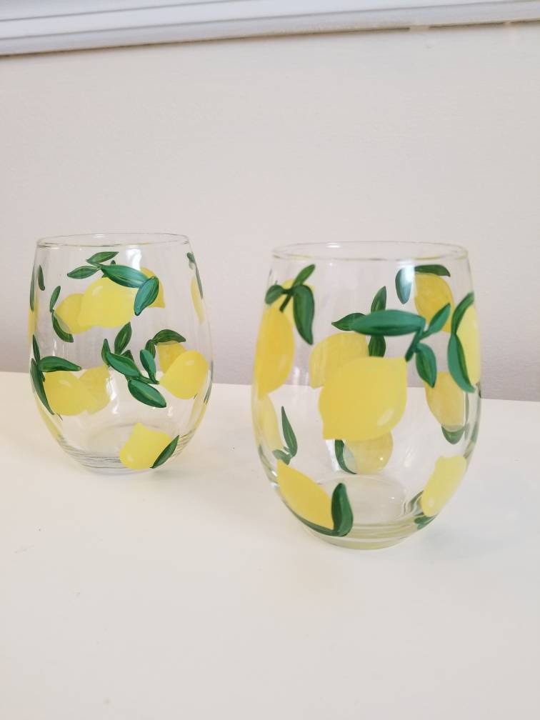 Lemon Wine Glass Hand Painted Wine Glass Dishwasher Safe Etsy