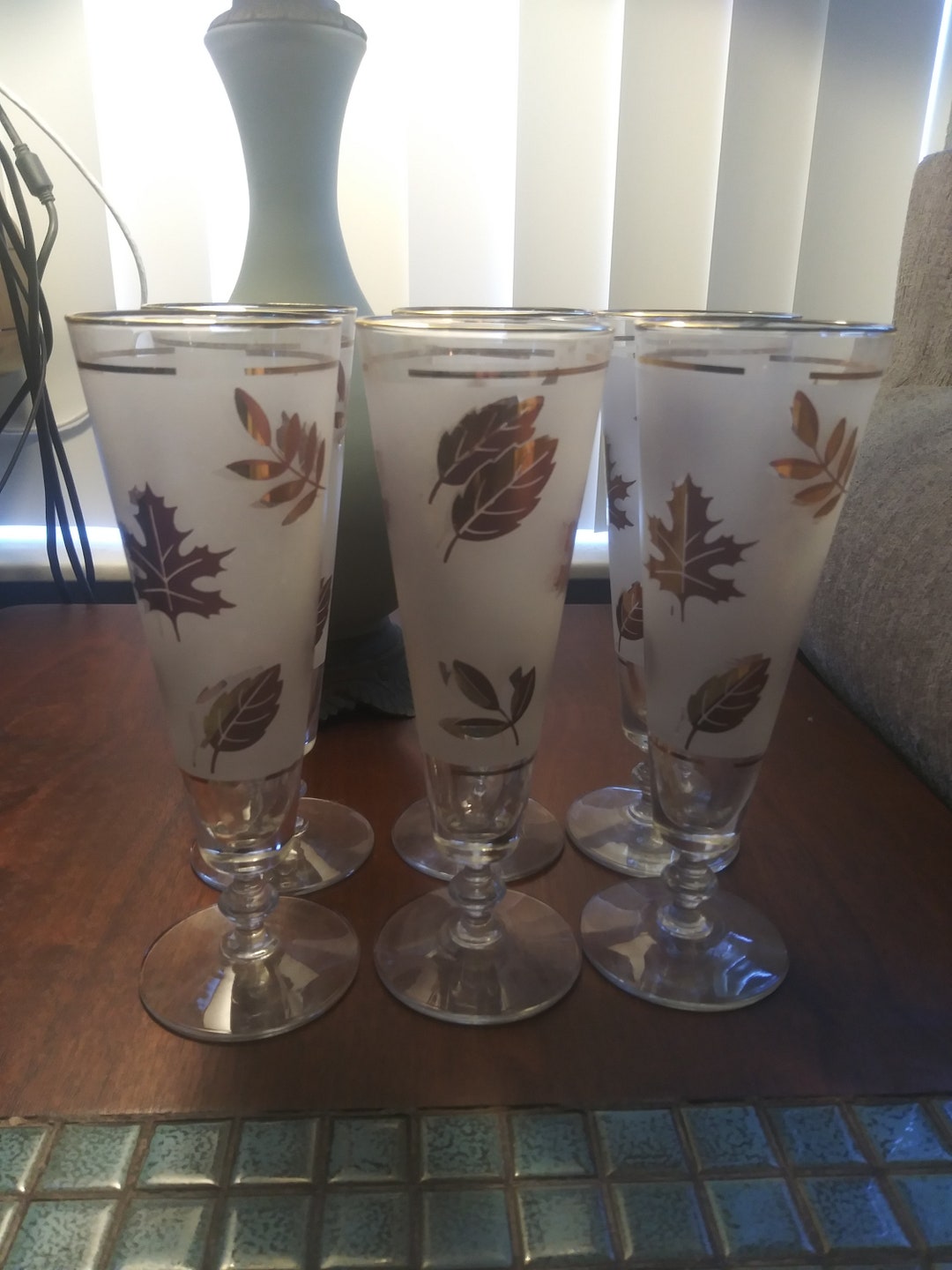 Libbey Gold Leaf Frosted Glasses Vintage Glass Set of 6 Golden Foliage
