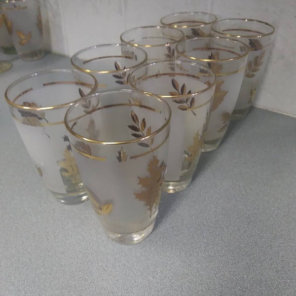 Set of 8 Vintage Libbey Frosted Gold Leaf Tumblers High Ball Glasses