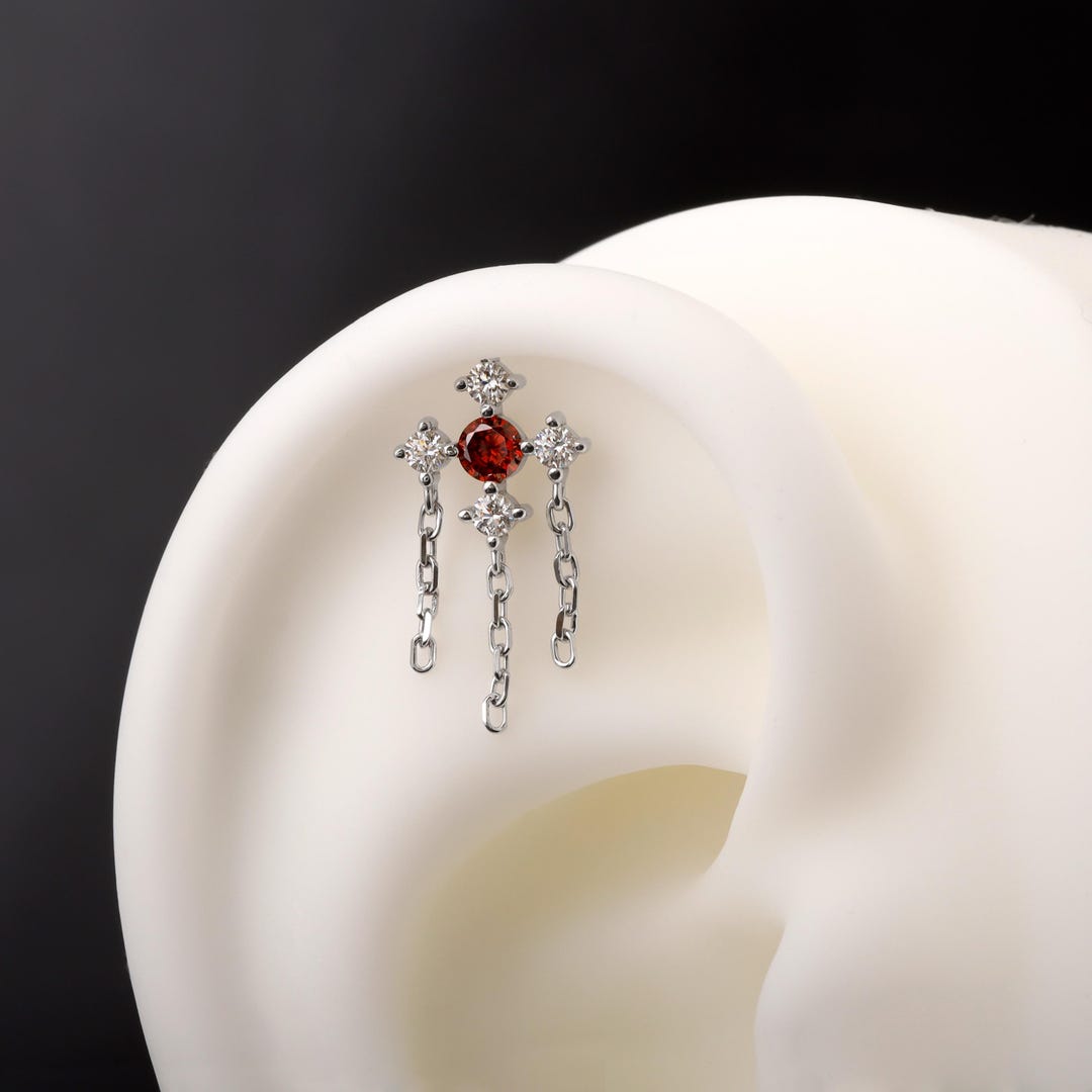 Dangle Helix Earring Flat Back,red CZ Threadless Push in Stud,tragus Lobe Conch Cartilage Jewelry Sterling Silver Plated 18K Gold, 16/18/20G - Etsy Japan