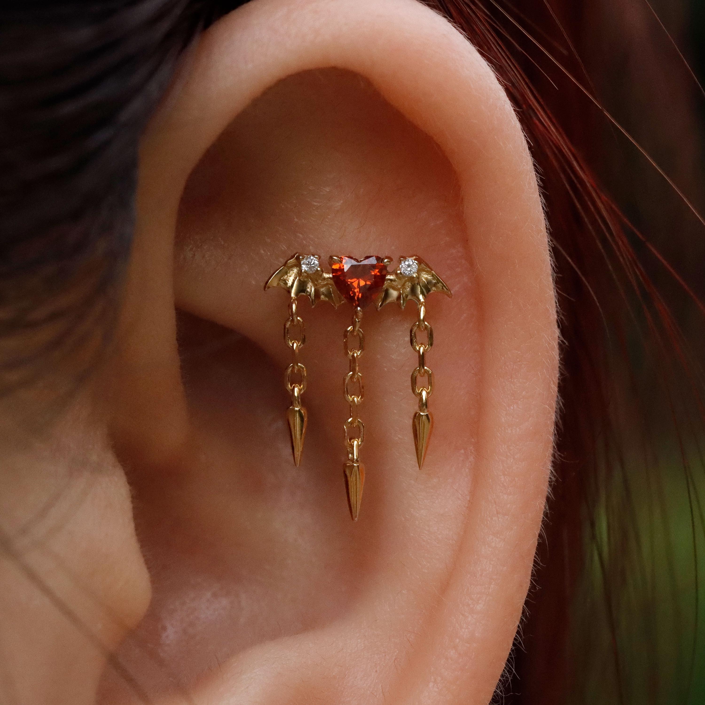 Bat Hidden Helix Piercing Earring, Spike Dangle Threadless Push in