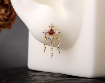 Dangle Helix Earring Flat Back,Red CZ Threadless Push In Stud,Tragus Lobe Conch Cartilage Jewelry Sterling Silver Plated 18K Gold, 16/18/20G