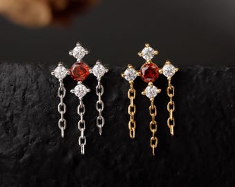 Dangle Helix Earring Flat Back,Red CZ Threadless Push In Stud,Tragus Lobe Conch Cartilage Jewelry Sterling Silver Plated 18K Gold, 16/18/20G