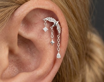 Layered Dangle Helix Earring, Threadless Curved Cartilage Stud with Celestial Star Chain, Romantasy Wing Piercing, 925 Silver Curated Ear
