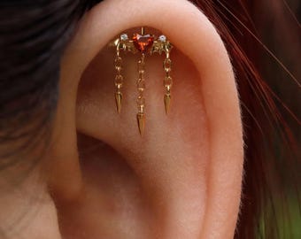 Pendiente de perforación de hélice vertical de oro, con corazón rojo, alas de murciélago, cadena con pinchos, sin rosca, cierre a presión, 16 g y 18 g, chapado en plata de ley de 18 quilates.