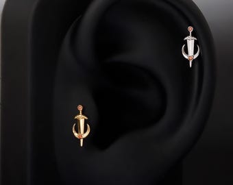 Silver Moon Sword Threadless Tragus Stud: Gothic Helix/ Conch/ Nose Flat Back Earring, Crescent Titanium Push Back Earring, Tragus Piercing