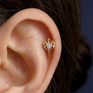 Flame Heart Sword Threadless Helix Stud• 925 Silver & F136 Titanium Earrings• Romantic Gothic Jewelry• Flat Back Cartilage Tragus Jewelry