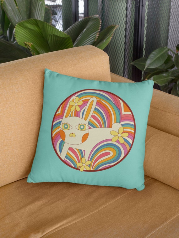 Light Blue Throw Pillow 70s Inspired Art Bunny Pillow Retro Rainbow Hippie Art Bohemian Throw Pillow