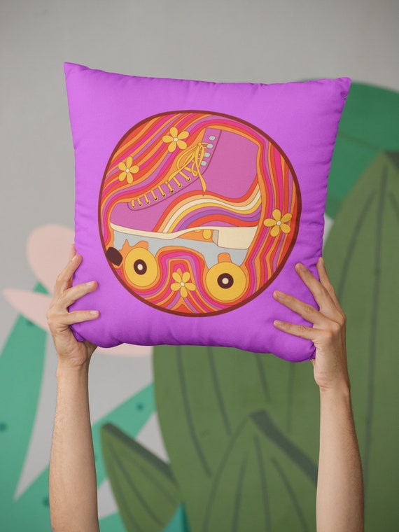 Purple Throw Pillow 70s Inspired Art Bohmian Pillow Cover Hippie Art Groovy Roller Skate Art Retro Art Decorative Throw Pillow