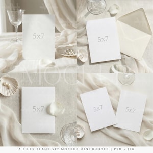 Coastal Old Money Wedding Mockup Mini Bundle, 5x7 Invitation Flat Lay, Pearl & Chiffon Aesthetic, PSD Smart Object Blank JPG