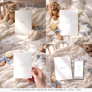 Baby Shower Mockup Bundle – 5-File Teddy Bear Nursery Flat Lay Set | 5x7 Invitation | PSD JPG