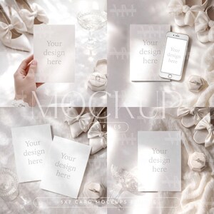 Luxury Wedding Mockup Bundle, 5x7 Invitation Set, Bridal Bow Heels & Ring Box, Cream Aesthetic, Minimalist Stationery Suite, Canva PSD